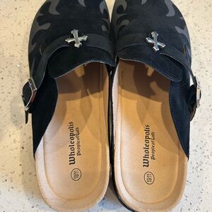Black Suede Mules with Cross Detail